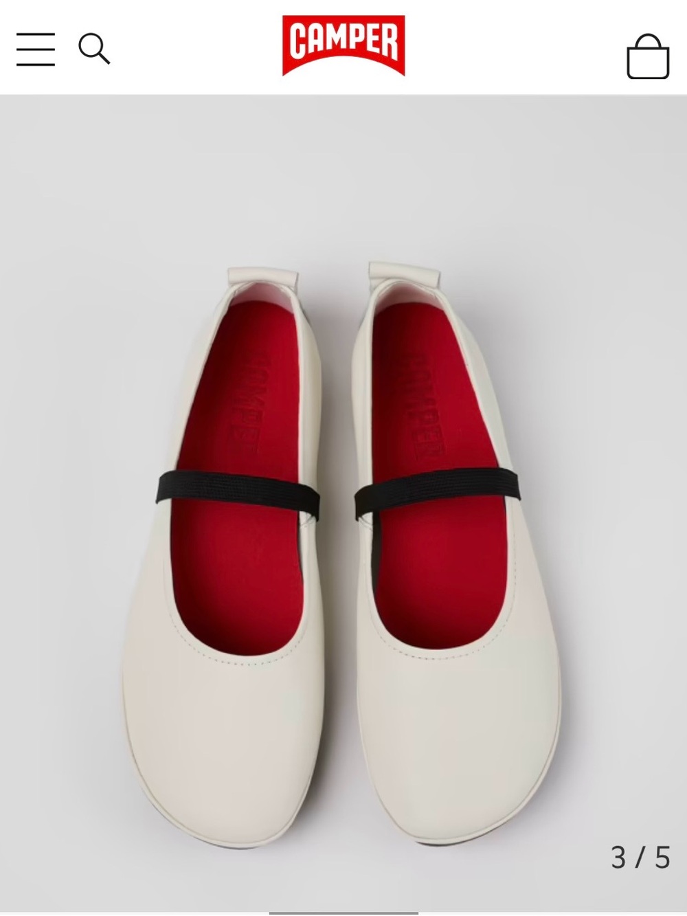 Camper White Mary Jane Flats with Black Strap and Red Insole